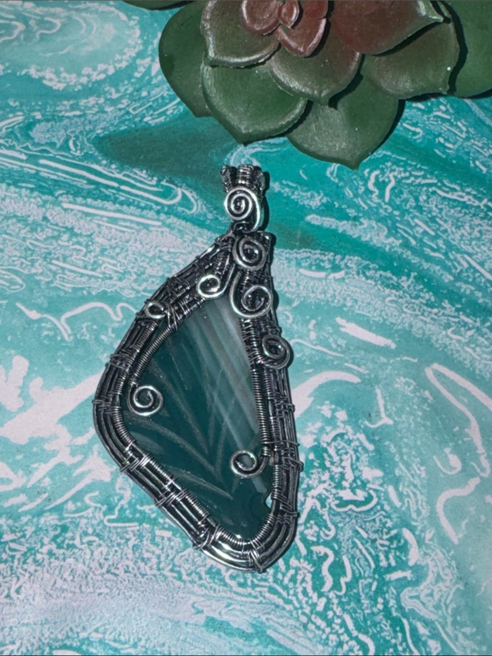 Handcrafted Teal Agate Wire-Wrapped Pendant